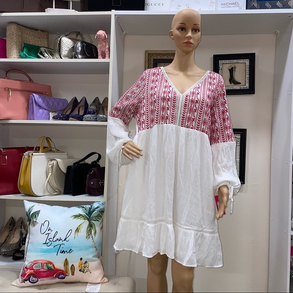Xhilaration NWT! White/Red Embroidered Long Sleeve Babydoll Dress Size XXL - Picture 2 of 14